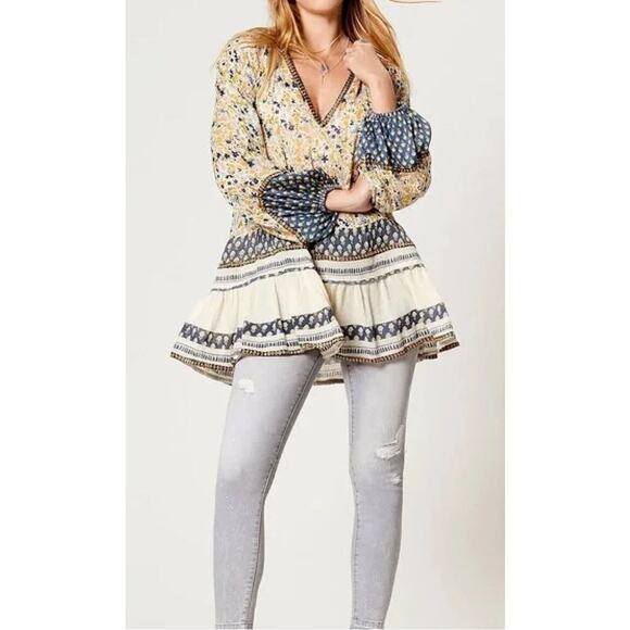 Free People Women's Gardenia Tunic Cream Blue Yellow Embellished Large - Picture 5 of 16